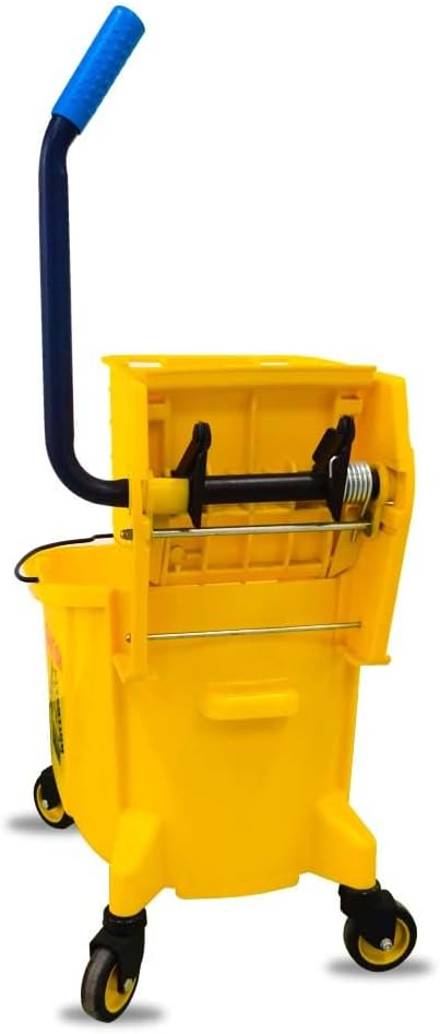 36L Wringer Trolley – Yellow | Commercial Mop Bucket with Caution Wet Floor Sign | Mobile Cleaning Trolley with 4 Wheels