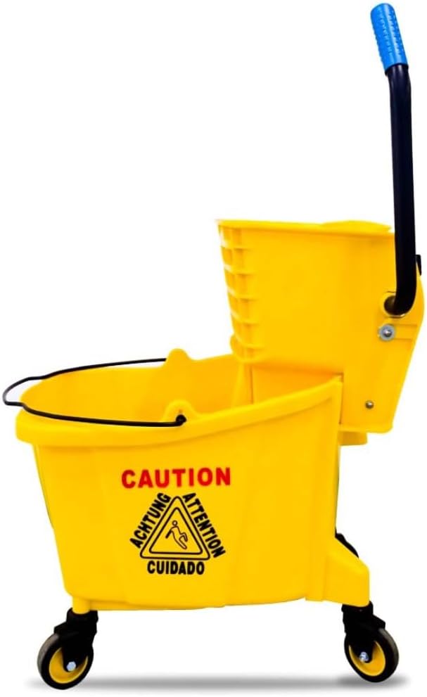 36L Wringer Trolley – Yellow | Commercial Mop Bucket with Caution Wet Floor Sign | Mobile Cleaning Trolley with 4 Wheels