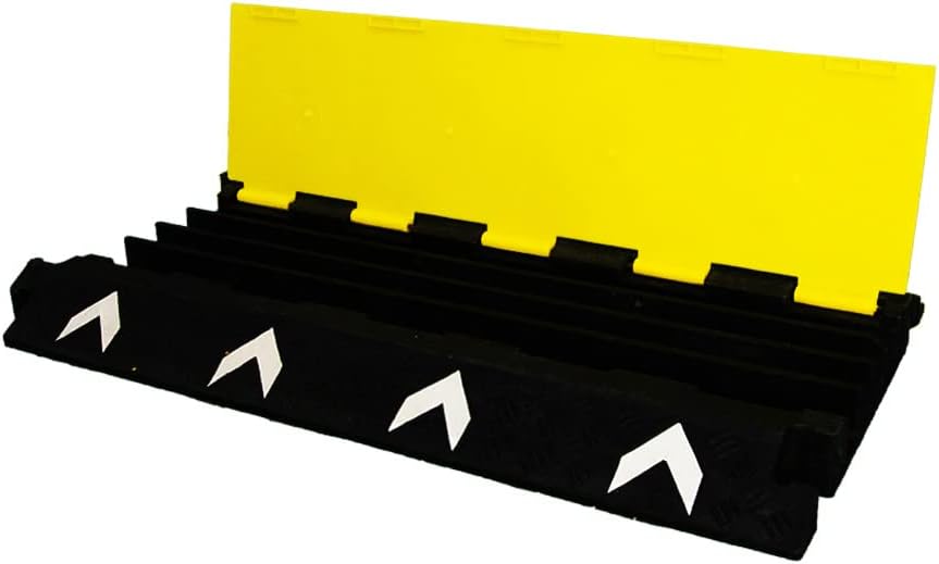 Heavy Duty 4-Channel Cable Protector | Outdoor & Indoor Cable Ramp with Bright Yellow Lid and Reflector | Flip-Open PVC Speed Bump Design