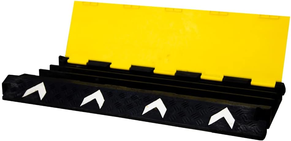 Heavy Duty 3-Channel Cable Protector | Indoor & Outdoor Cable Ramp with Bright Yellow Lid and Reflector | Flip-Open PVC Speed Bump Design