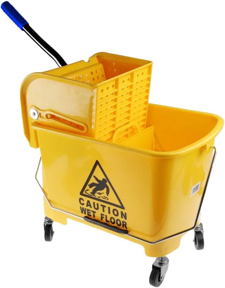 20L Wringer Trolley – Yellow | Commercial Mop Bucket with Caution Wet Floor Sign | Mobile Cleaning Trolley with 4 Wheels
