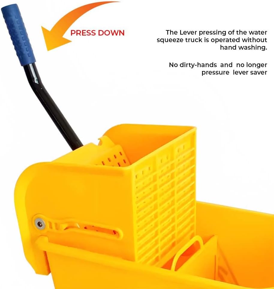 36L Wringer Trolley – Yellow | Commercial Mop Bucket with Caution Wet Floor Sign | Mobile Cleaning Trolley with 4 Wheels