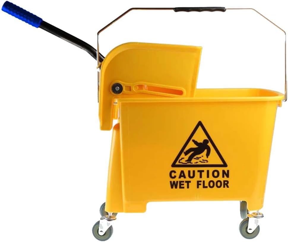 20L Wringer Trolley – Yellow | Commercial Mop Bucket with Caution Wet Floor Sign | Mobile Cleaning Trolley with 4 Wheels