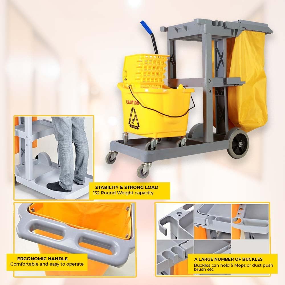 Janitorial Cart with Mop Holders | Standard-Size Commercial Cleaning Trolley with Detachable Cloth Bag | Ideal for Restaurants, Malls, Hospitals