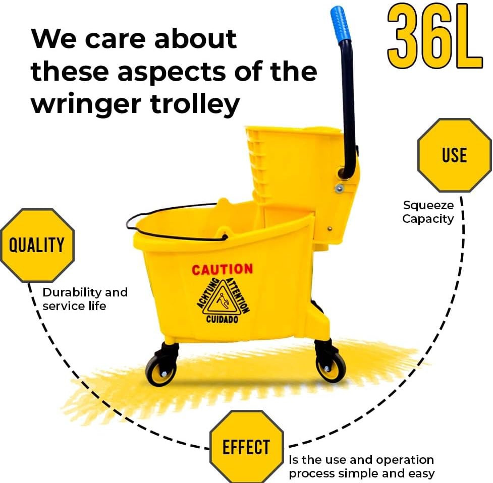 36L Wringer Trolley – Yellow | Commercial Mop Bucket with Caution Wet Floor Sign | Mobile Cleaning Trolley with 4 Wheels