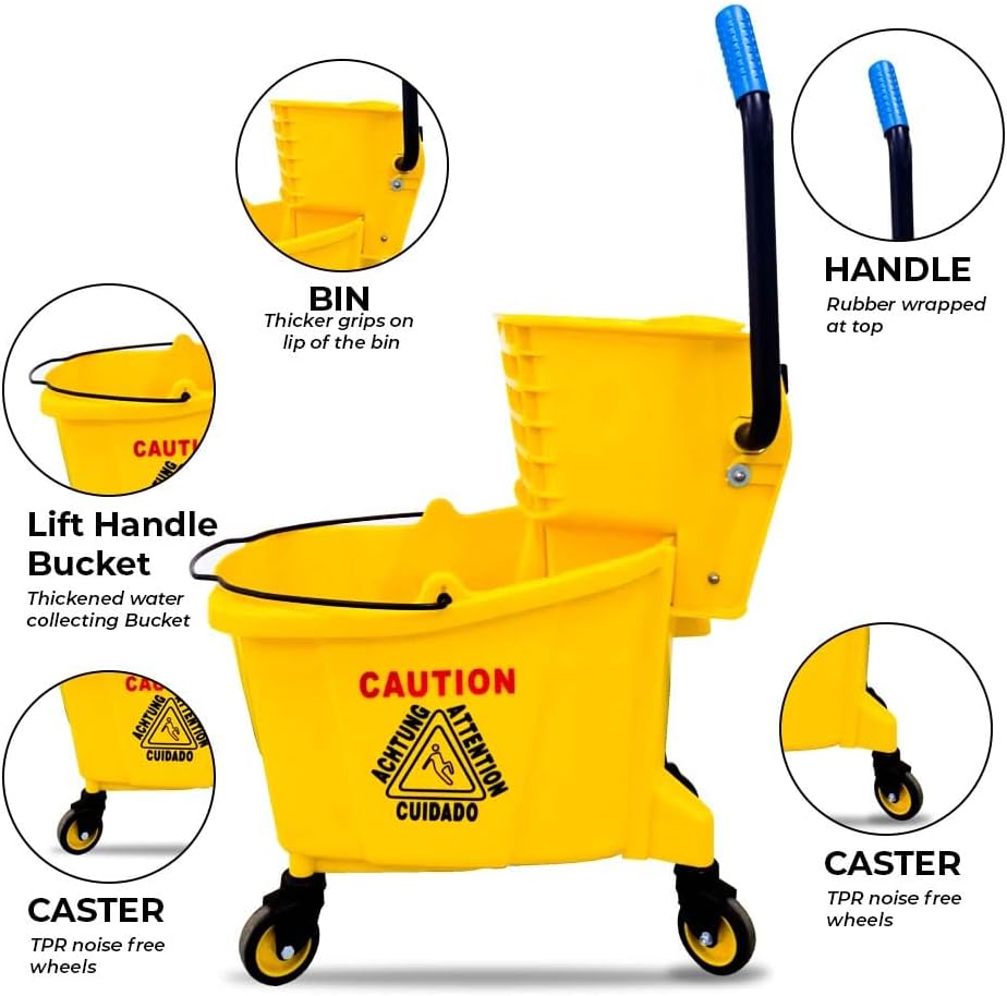 36L Wringer Trolley – Yellow | Commercial Mop Bucket with Caution Wet Floor Sign | Mobile Cleaning Trolley with 4 Wheels