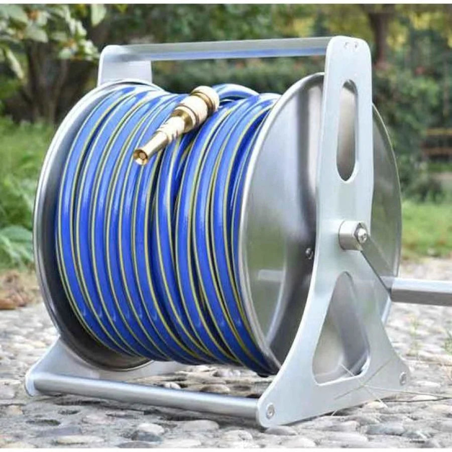 Garden Hose Reel Stand with Water Pipe and Gun, Stainless Steel