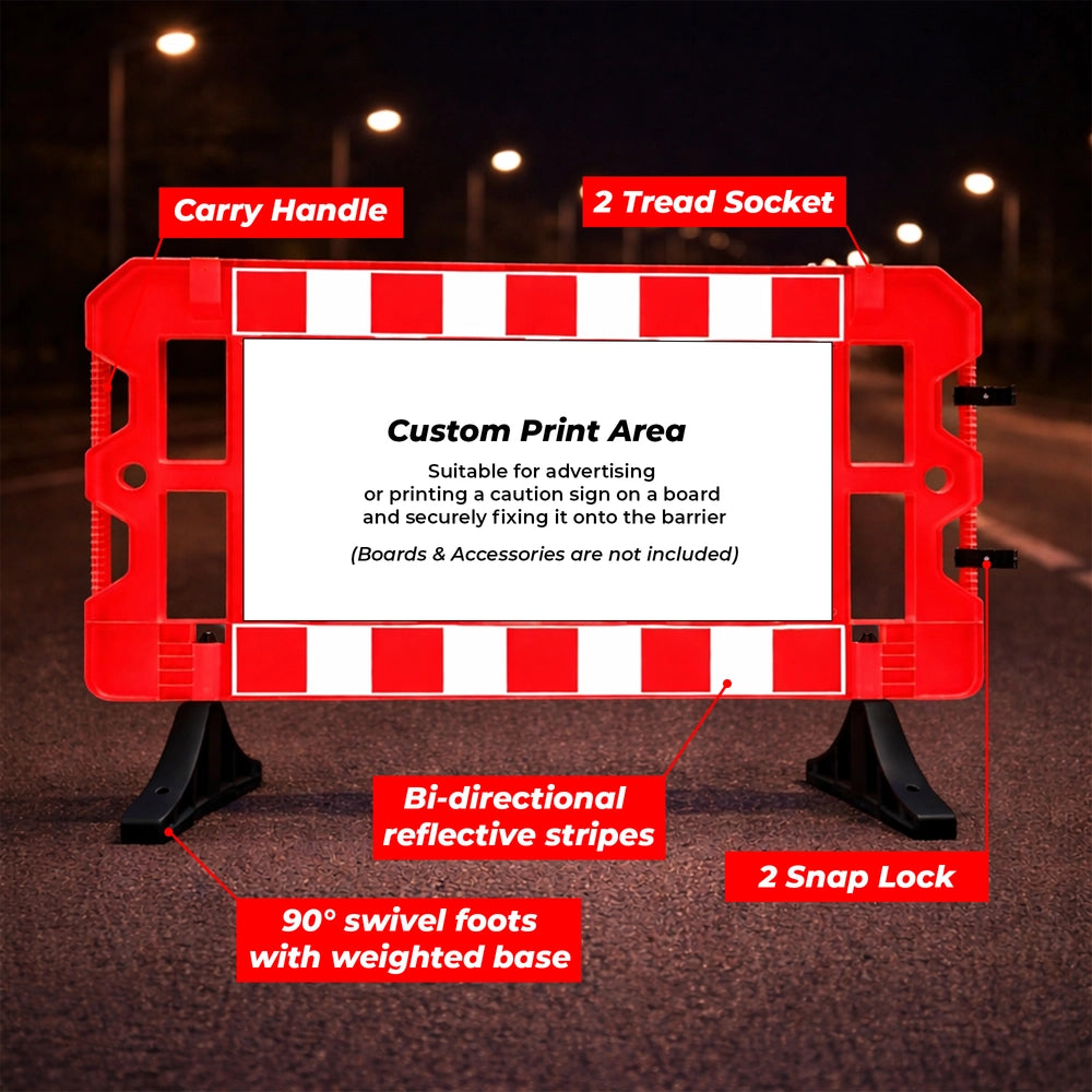 red pedestrian barrier with reflective panel