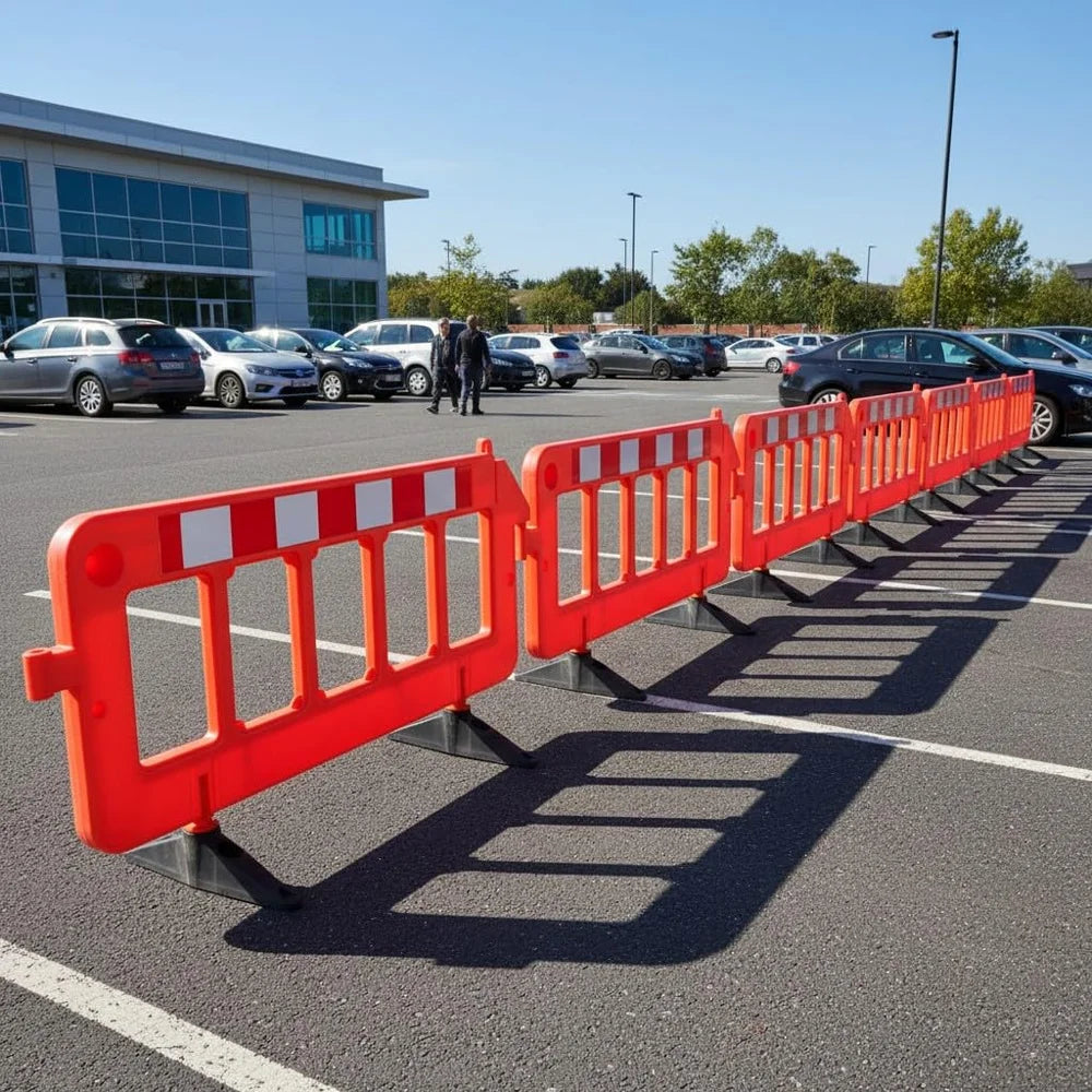 2 meter Chapter 8 pedestrian safety barrier with red weighted base for public safety