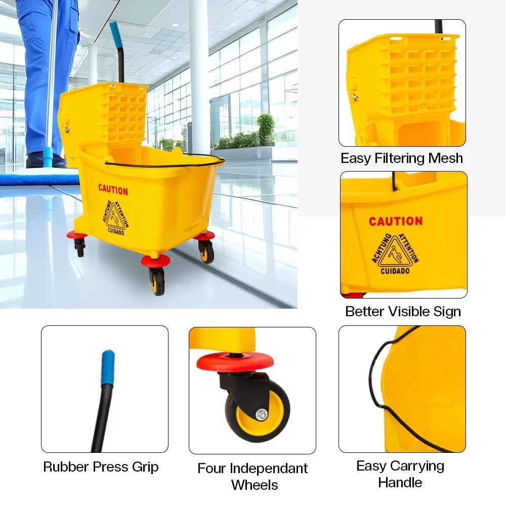 32L Kentucky Mop Bucket with Wringer | Yellow Cleaning Trolley on Wheels