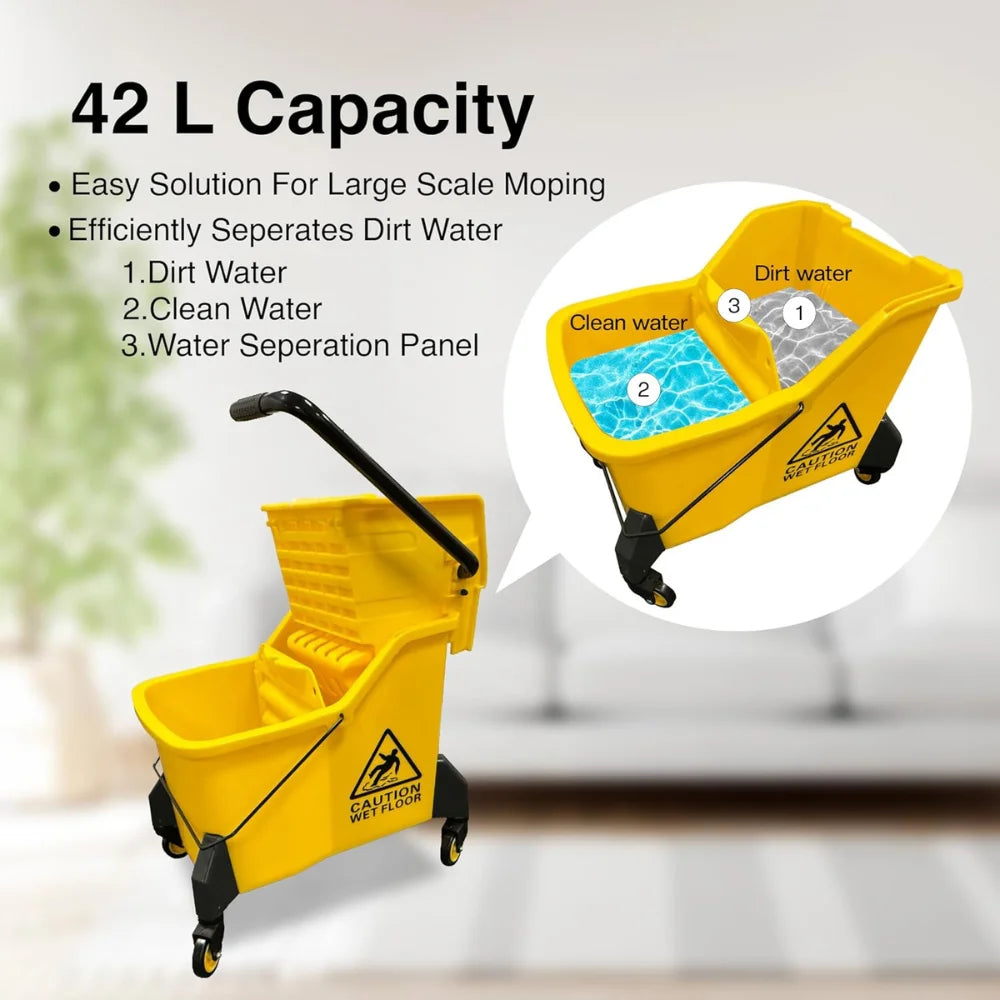 42L Kentucky Mop Bucket with Wringer | Yellow Cleaning Trolley on Wheels