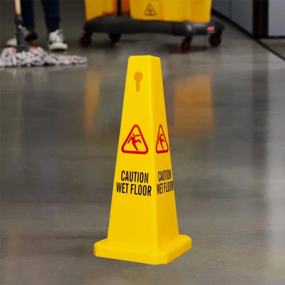 4-Sided Caution Wet Floor Cone | 67cm Safety Warning Sign - Yellow