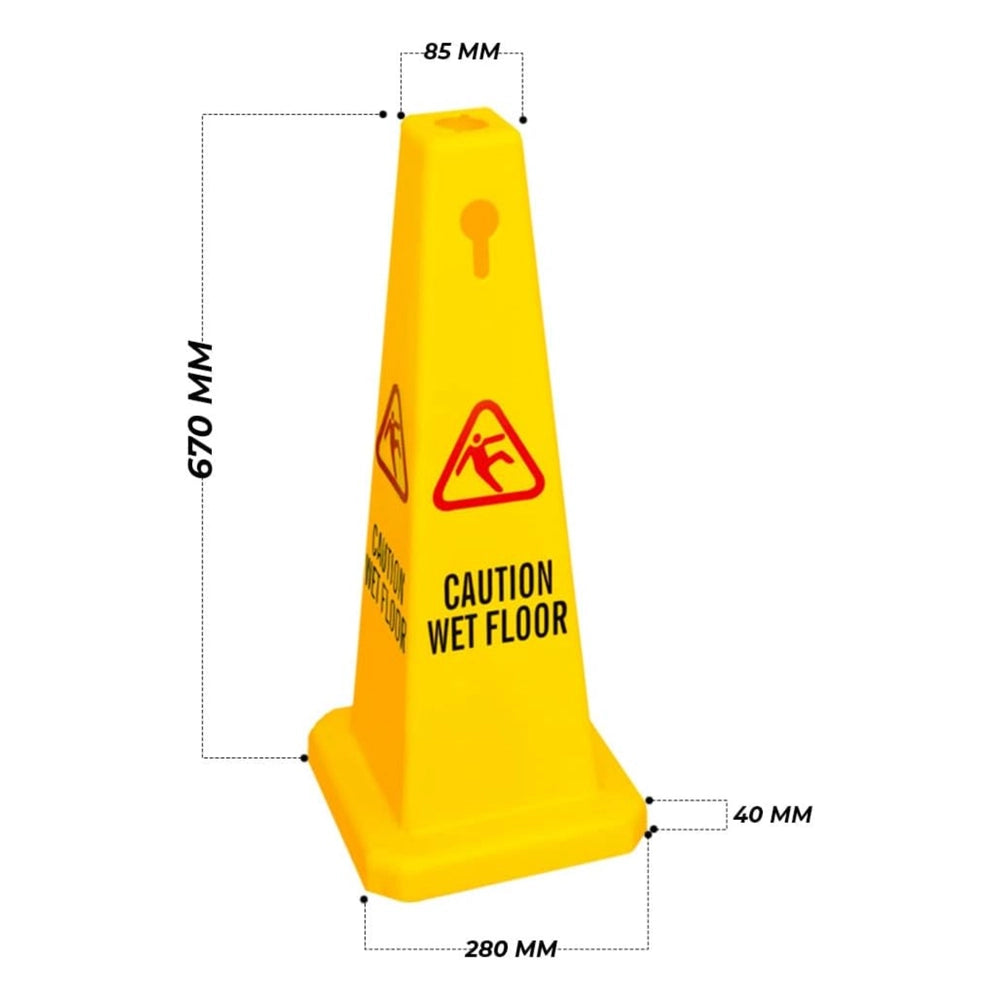 4-Sided Caution Wet Floor Cone | 67cm Safety Warning Sign - Yellow