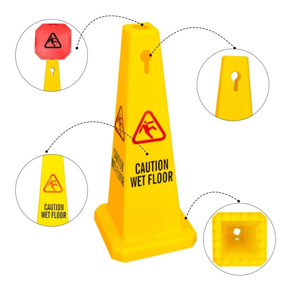 4-Sided Caution Wet Floor Cone | 67cm Safety Warning Sign - Yellow