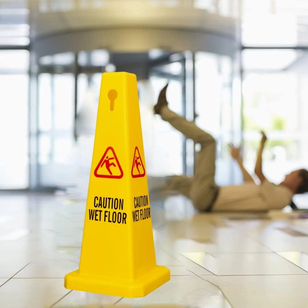 4-Sided Caution Wet Floor Cone | 67cm Safety Warning Sign - Yellow