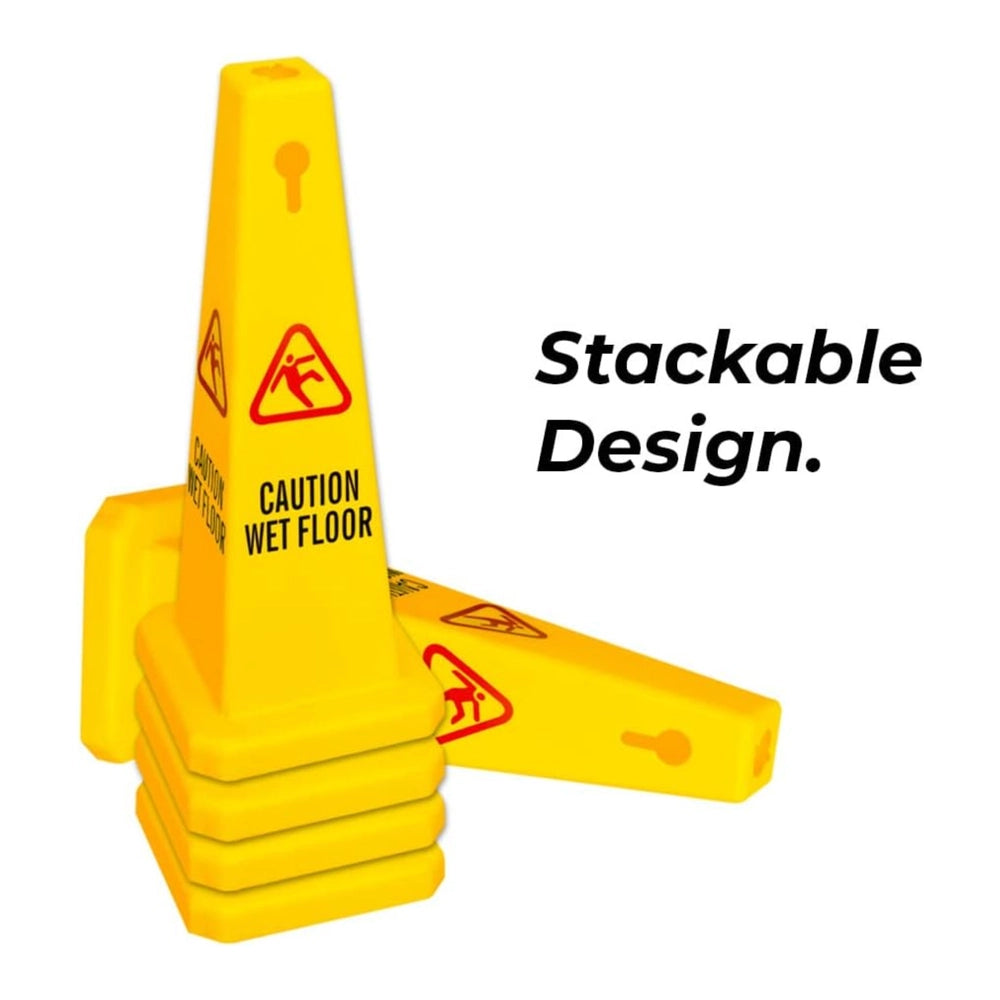 4-Sided Caution Wet Floor Cone | 67cm Safety Warning Sign - Yellow