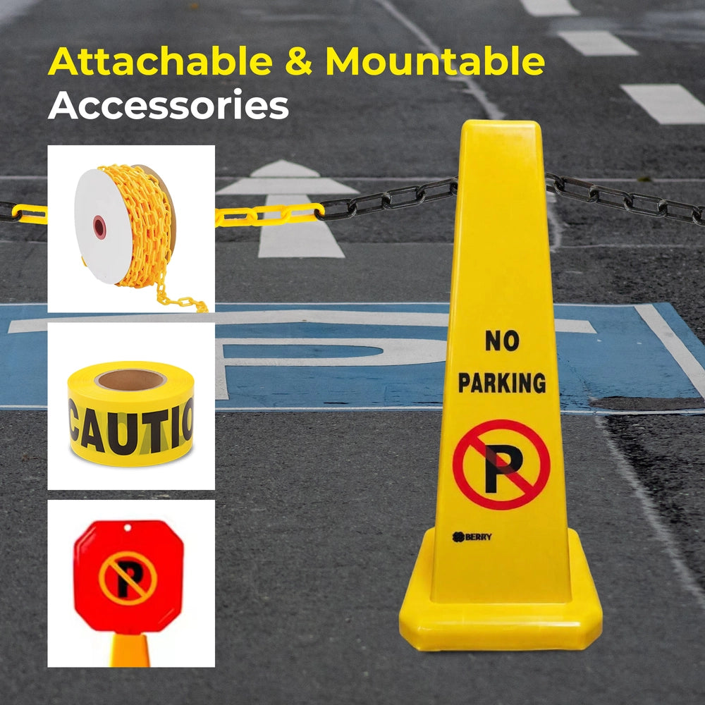 4-Sided No Parking Cone - Yellow | 67cm Parking Barrier Warning Safety Cone