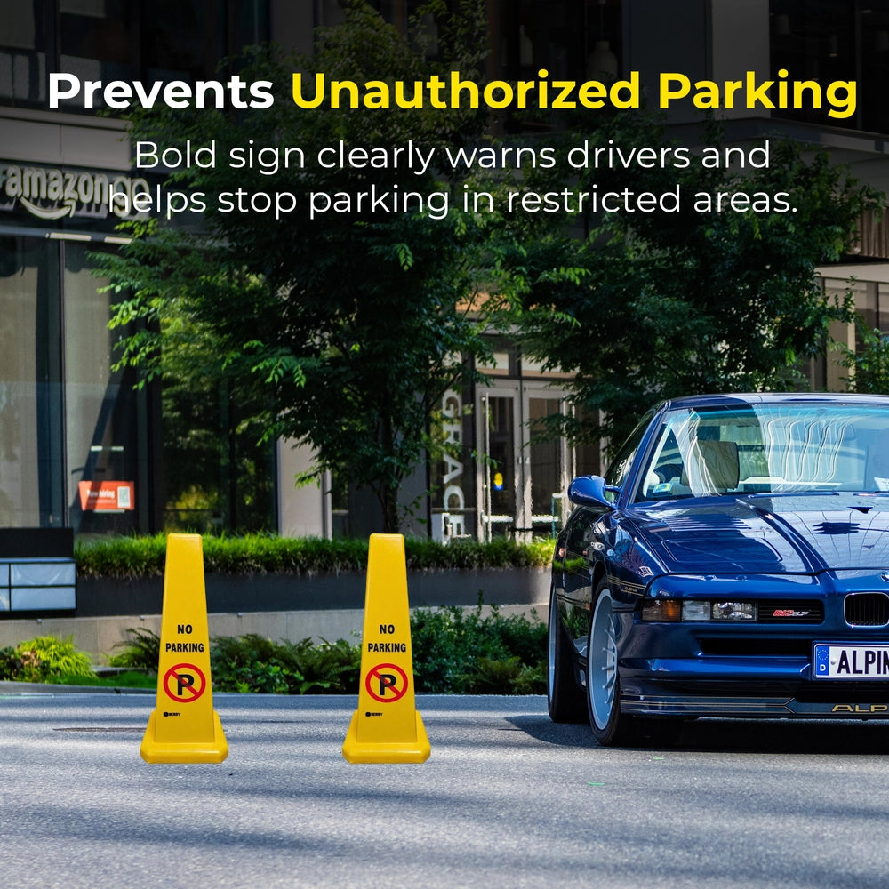 4-Sided No Parking Cone - Yellow | 67cm Parking Barrier Warning Safety Cone