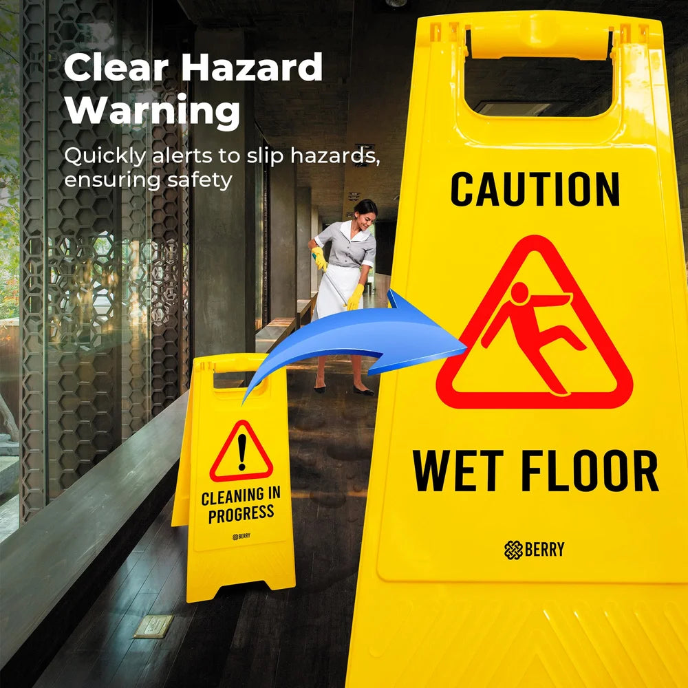 Berry Caution Wet Floor Sign Yellow 2-in-1 Foldable Floor Sign