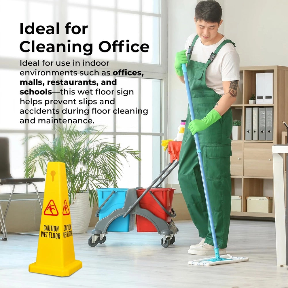 90cm Caution Wet Floor Cone | 4-Sided Slippery Warning Sign - Yellow