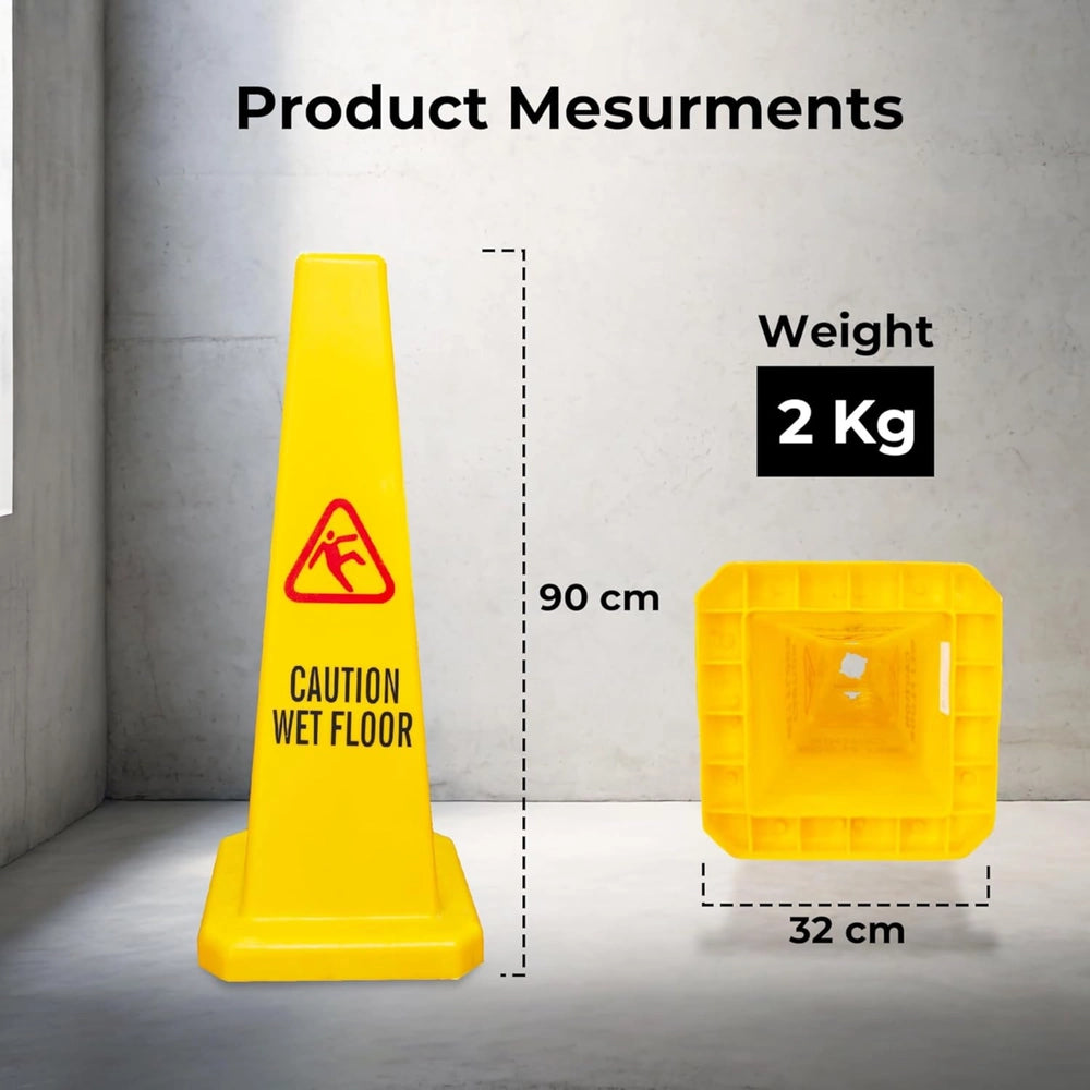 90cm Caution Wet Floor Cone | 4-Sided Slippery Warning Sign - Yellow