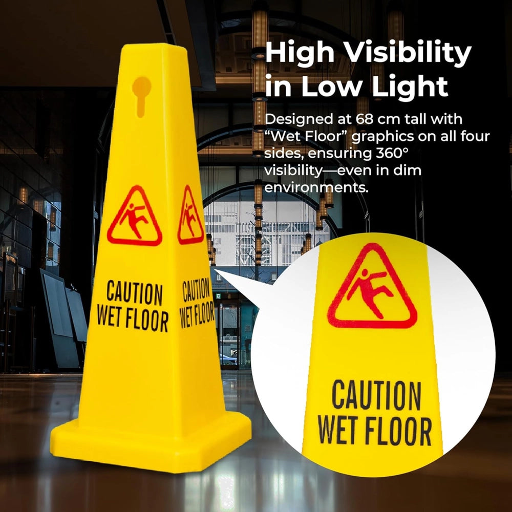 90cm Caution Wet Floor Cone | 4-Sided Slippery Warning Sign - Yellow