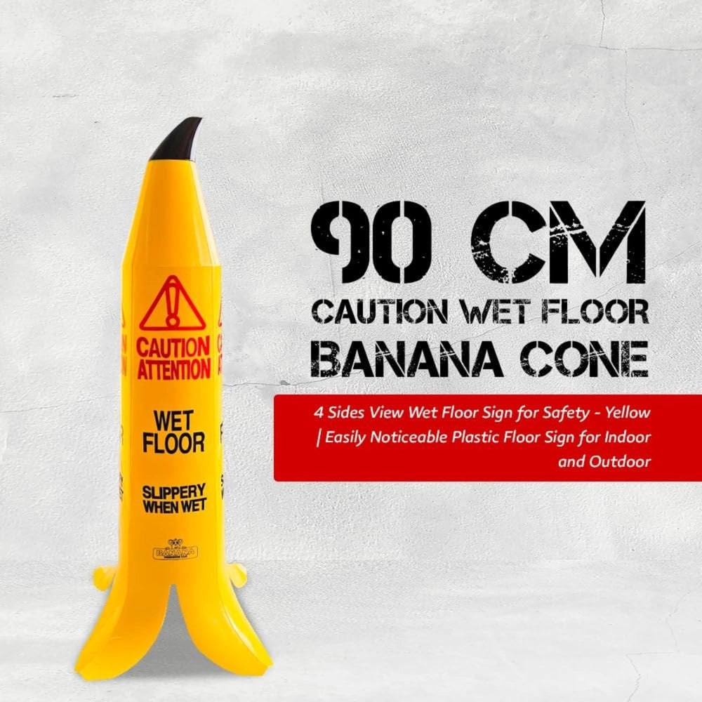 90CM Caution Wet Floor Cone | 4-Sided Banana Slippery Warning Sign