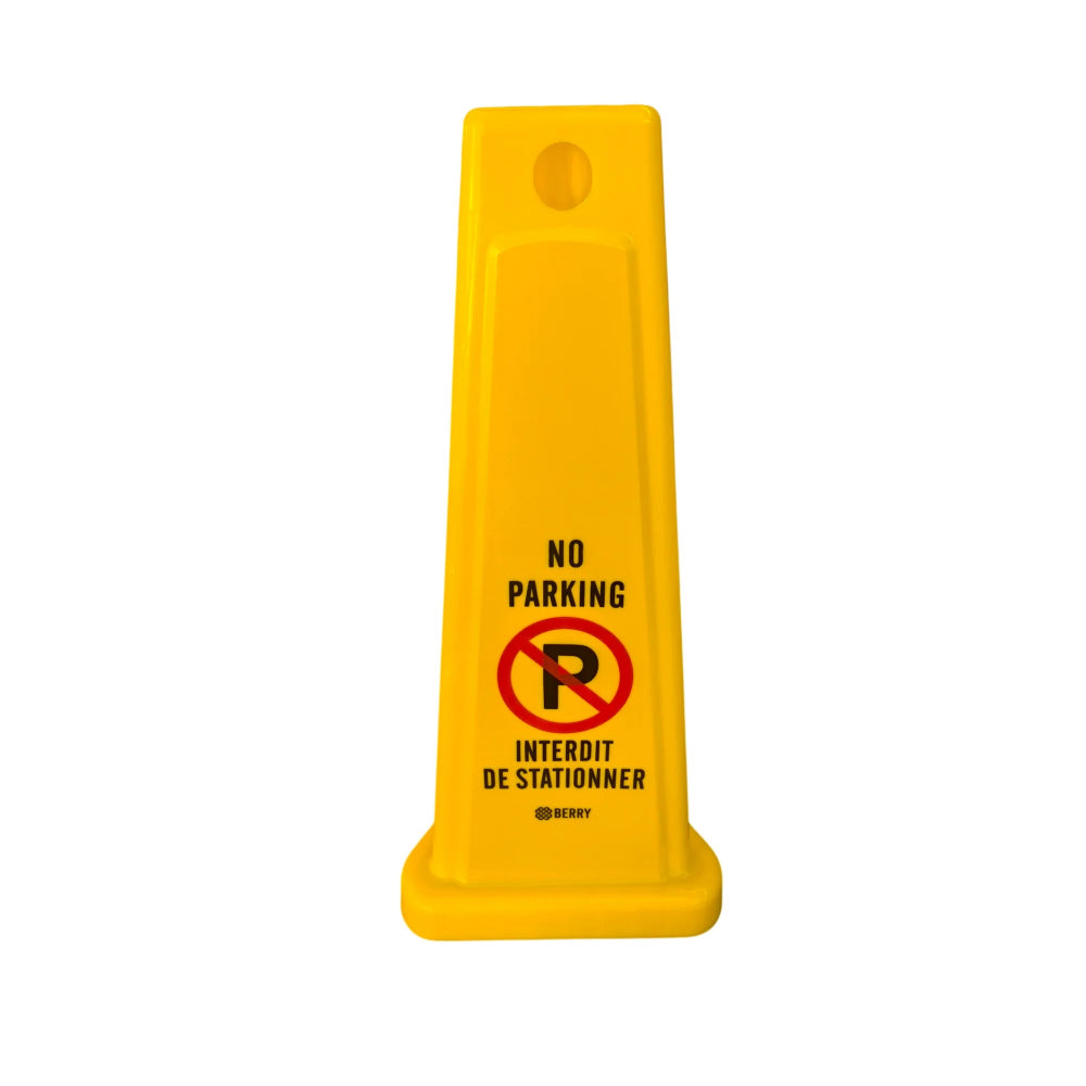 Berry 65cm yellow no parking cone with a three-sided bilingual warning sign for parking control