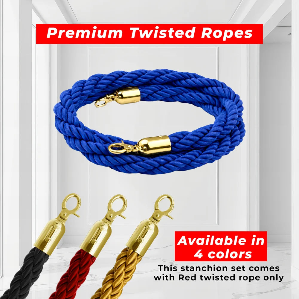 one hundred centimeter Berry gold crowd control post with blue twisted rope barrier