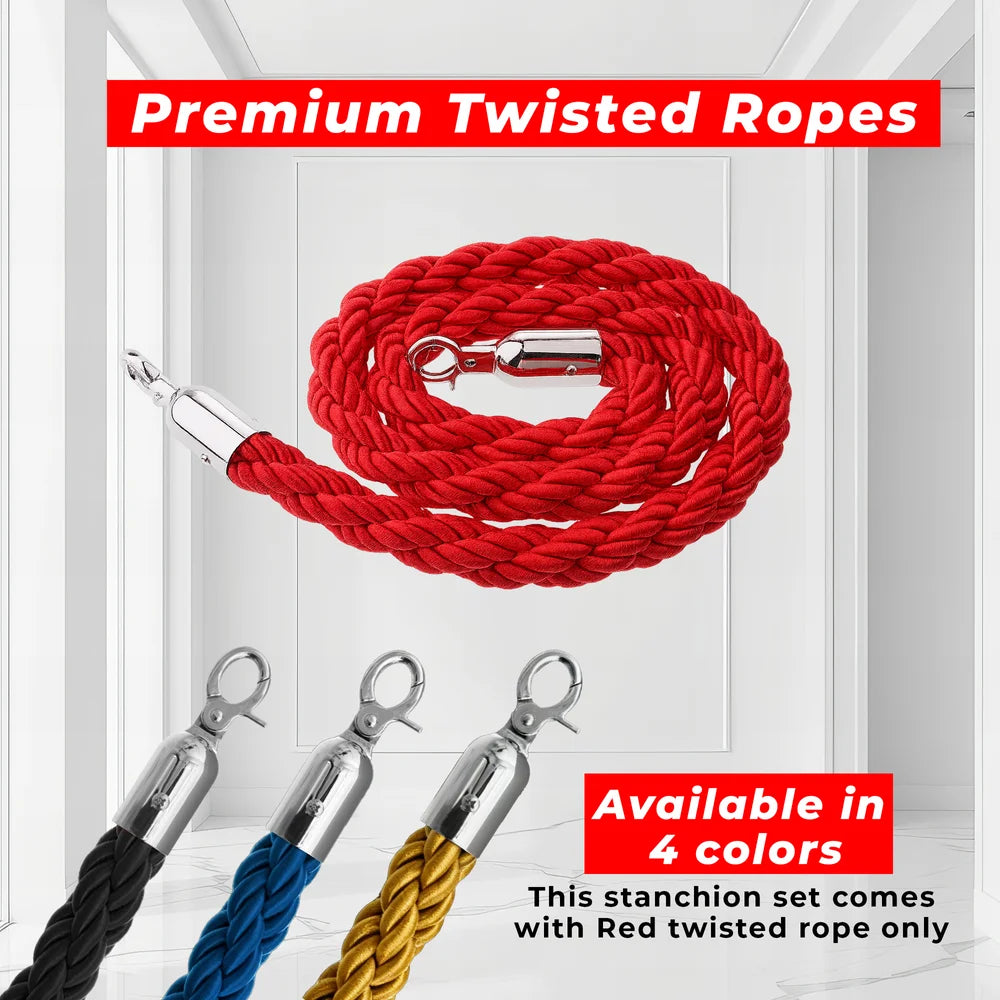 one hundred centimeter Berry gold queue post with red twisted rope for controlled access areas
