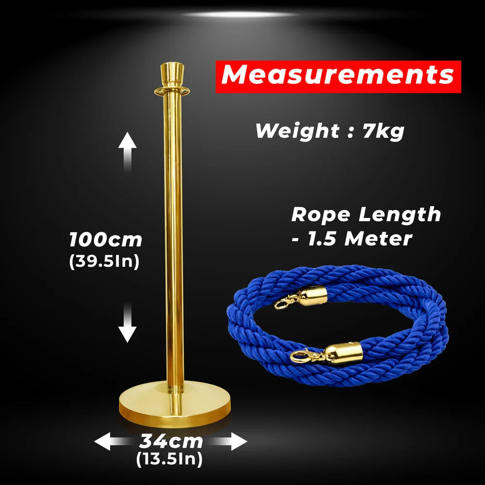 one hundred centimeter Berry gold rope barrier post with blue twisted rope for queue management