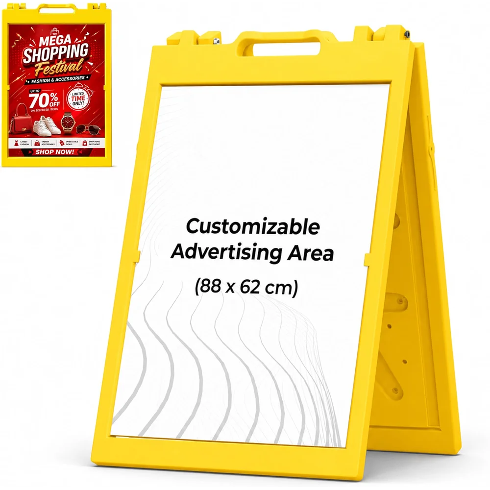 Berry large yellow A-frame pavement sign board 110cm for outdoor safety and directional messaging