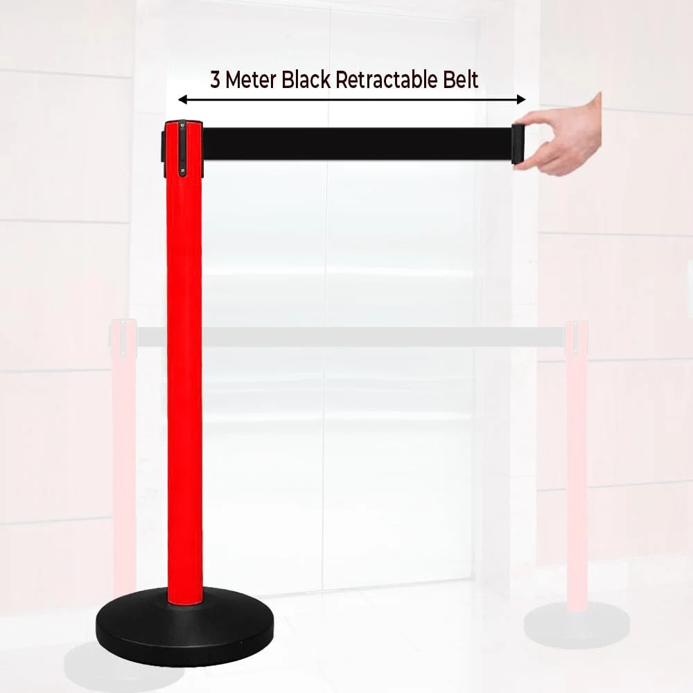 100CM Berry red queue barrier post with 3M black retractable belt