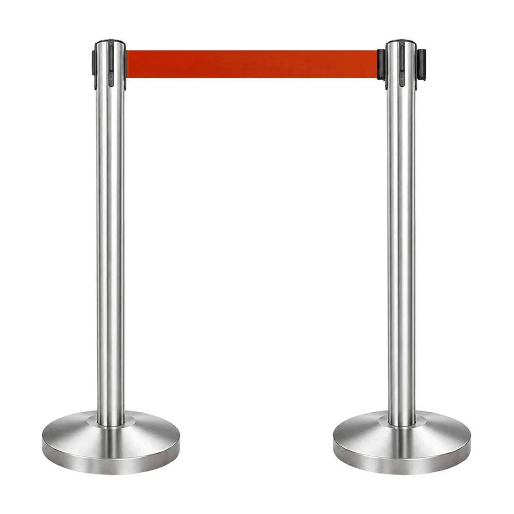 100CM Berry stainless steel barrier post with 3M red retractable belt for crowd separation