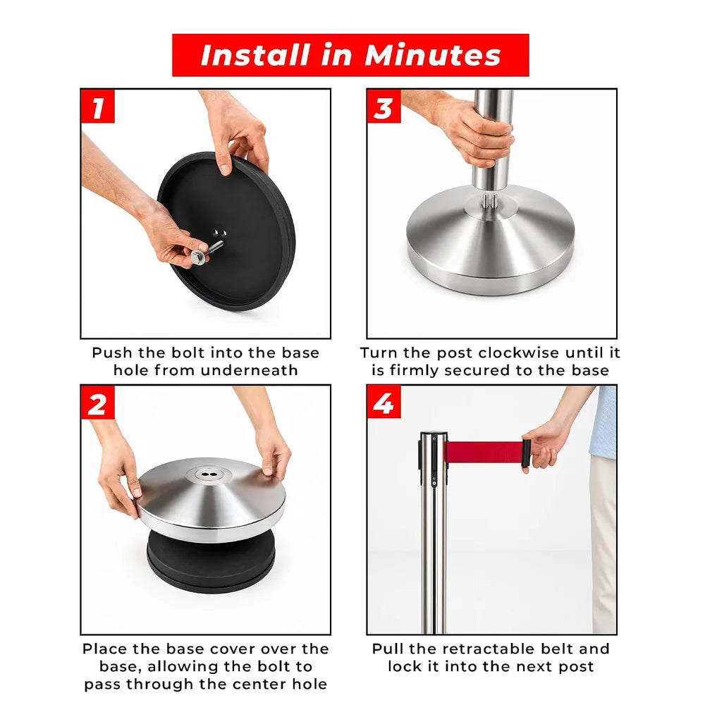 100CM Berry stainless steel crowd control post with 3M red retractable belt
