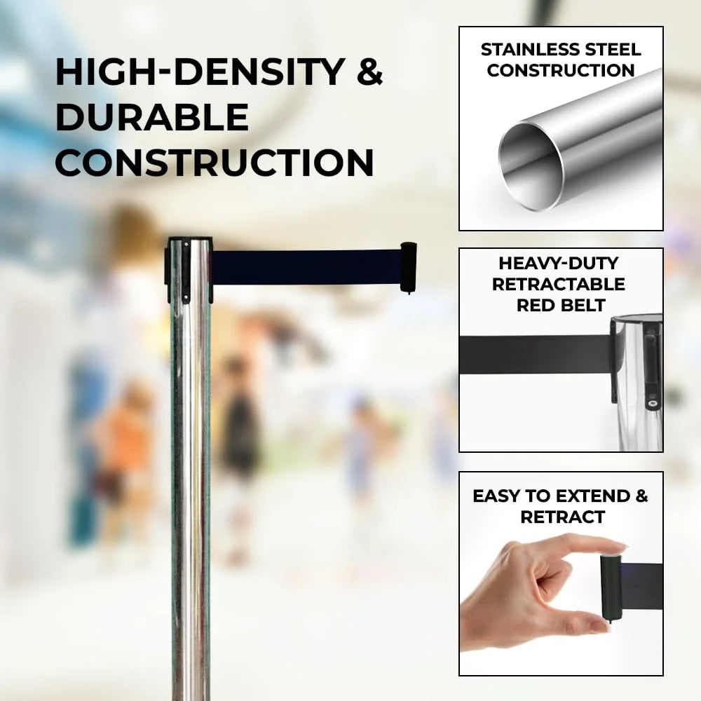 100CM Berry stainless steel crowd control post with 3M black retractable belt