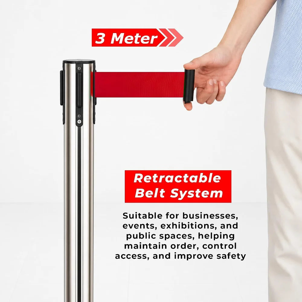 100CM Berry stainless steel pedestrian barrier with 3M red retractable belt