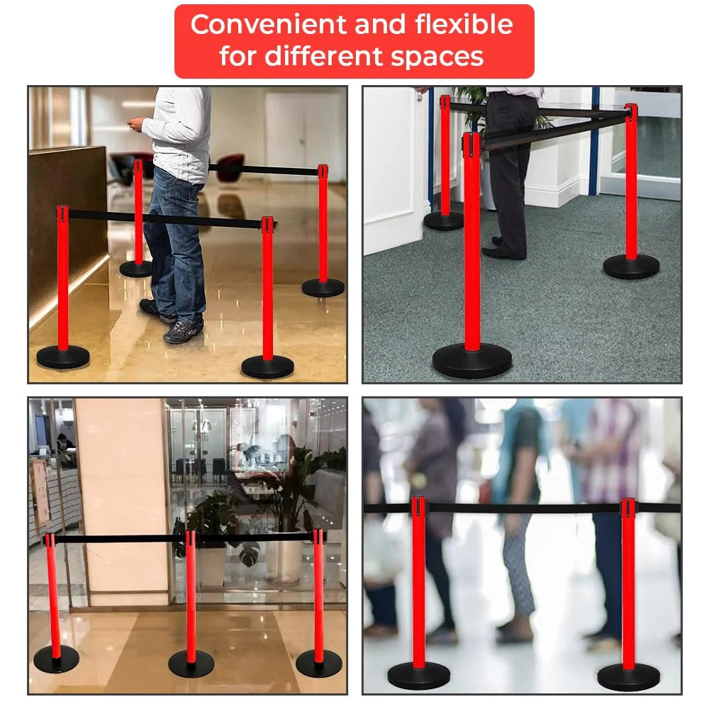 100CM Berry red barrier post with 3M black retractable belt for pedestrian management