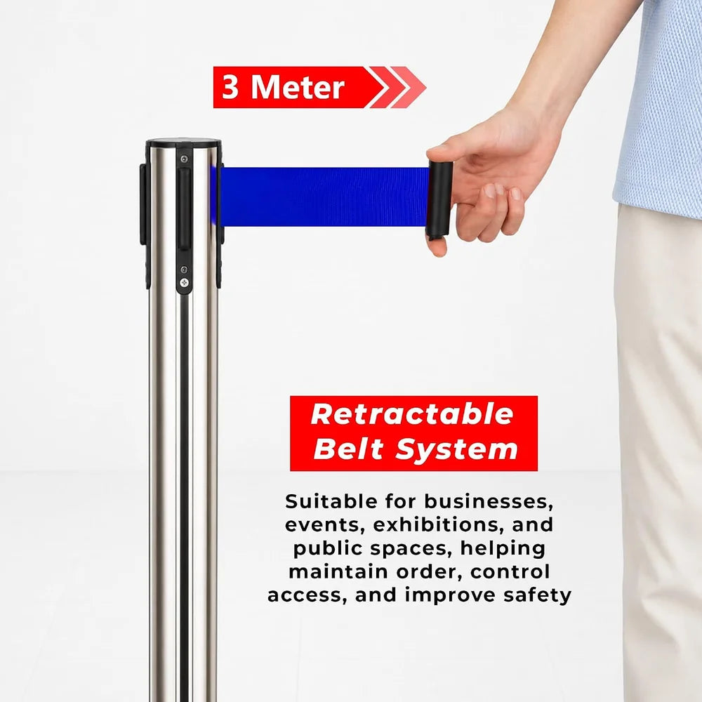 100CM Berry stainless steel stanchion with 3M blue retractable belt for queue management