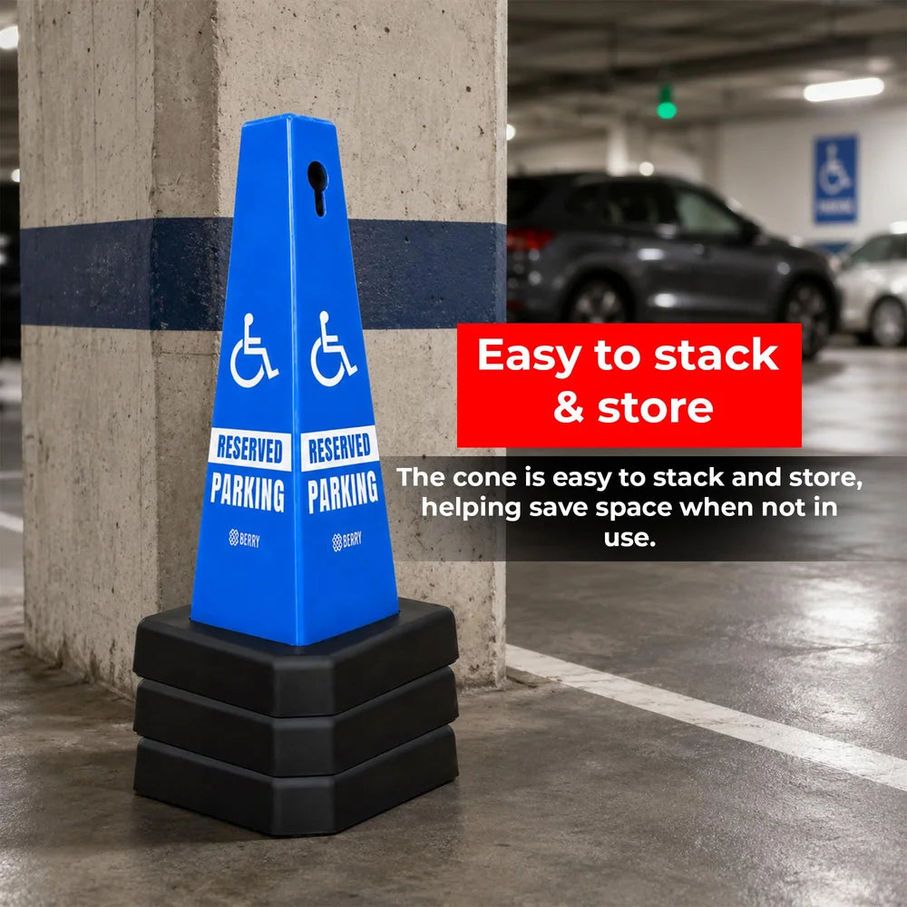 blue commercial parking cone with weighted base for parking facilities