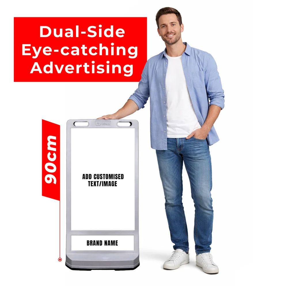 Customisable Pavement Sign Road Barrier | Grey Safety Warning Stand