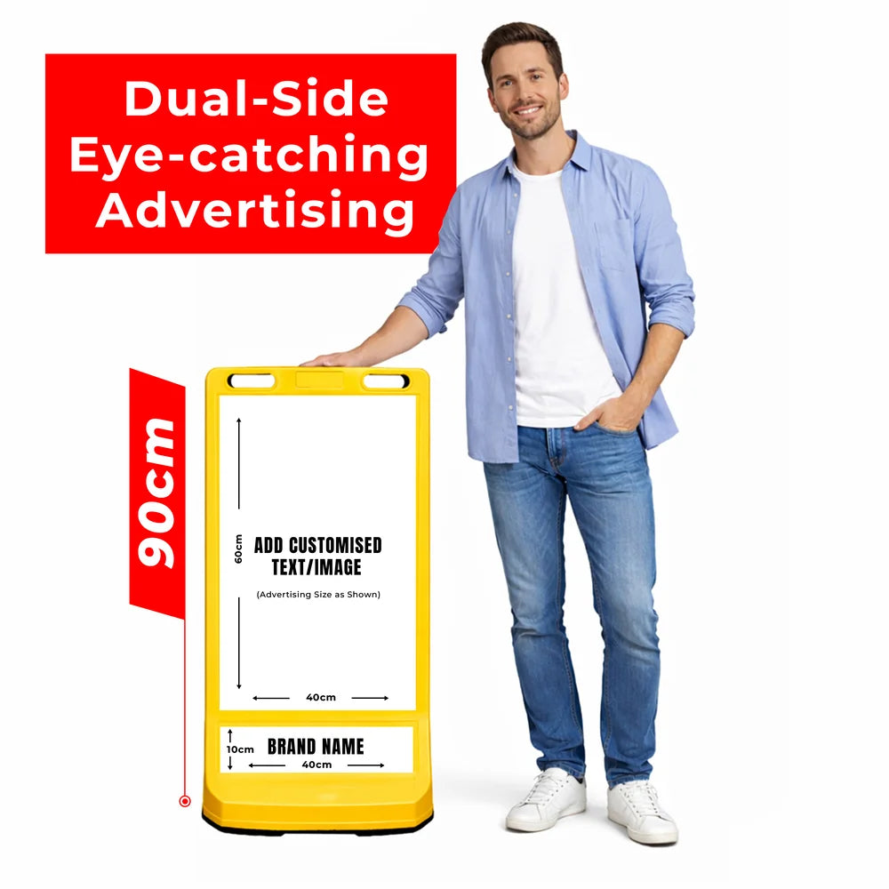 Customisable Pavement Sign Road Barrier | Yellow Safety Warning Stand