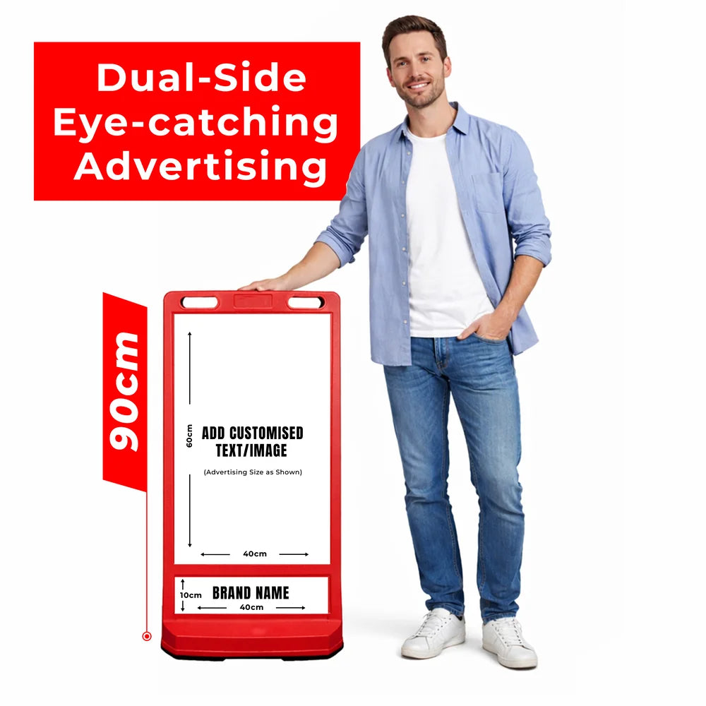 Customisable Pavement Sign Road Barrier | Red Safety Warning Stand