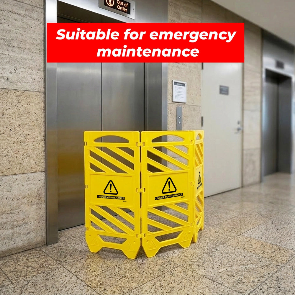 Foldable Maintenance Barrier Yellow | Expandable Safety Fence with Under Maintenance Sign
