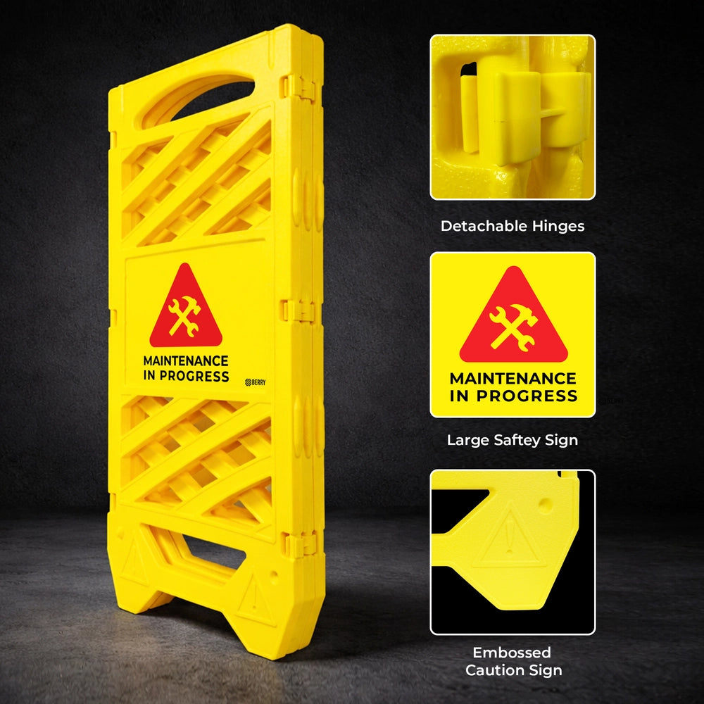 Foldable Maintenance Barrier Yellow | Expandable Safety Fence with Warning Sign