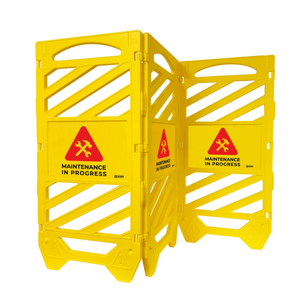 Foldable Maintenance Barrier Yellow | Expandable Safety Fence with Warning Sign