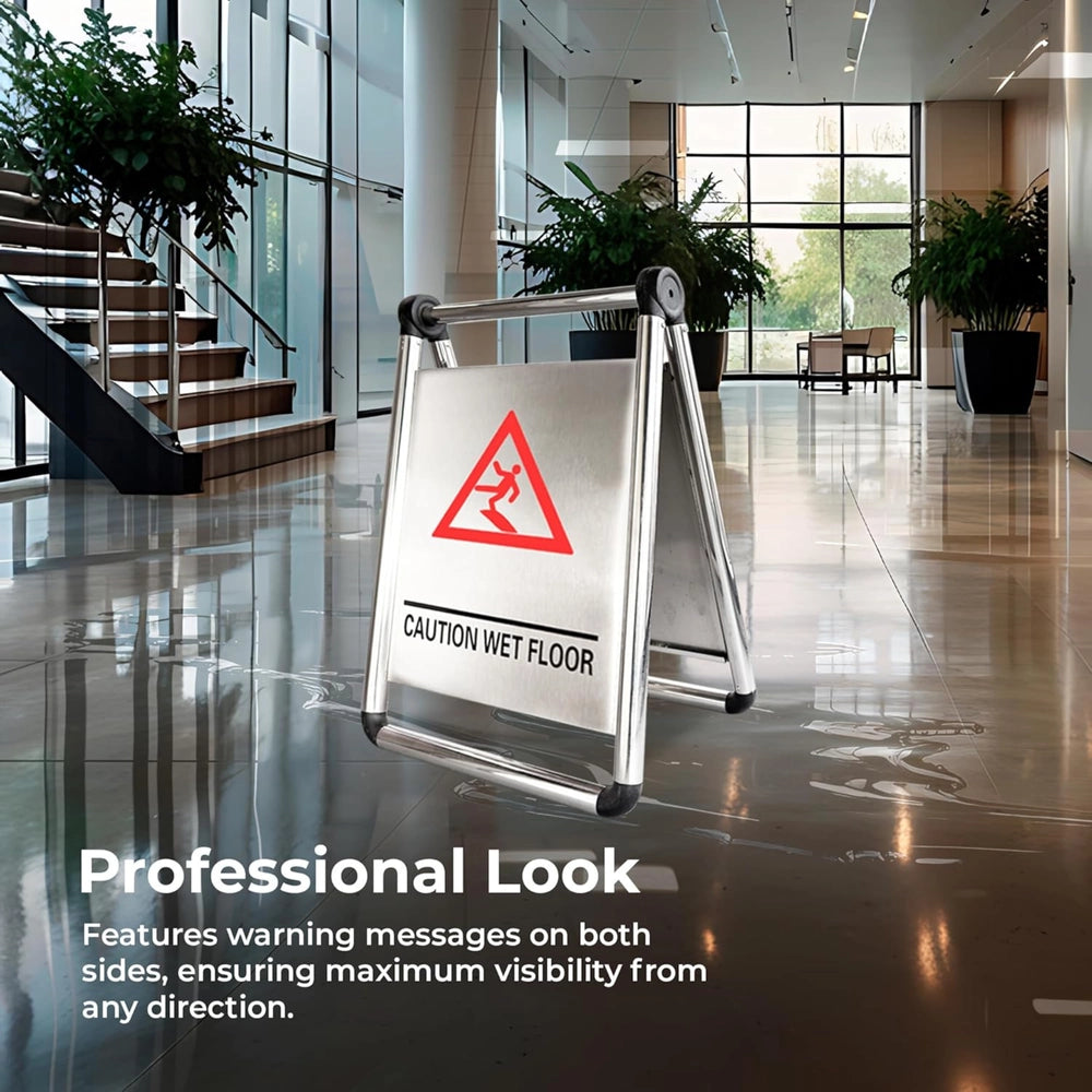 Stainless Steel Caution Wet Floor Sign | Foldable A-Frame Safety Sign