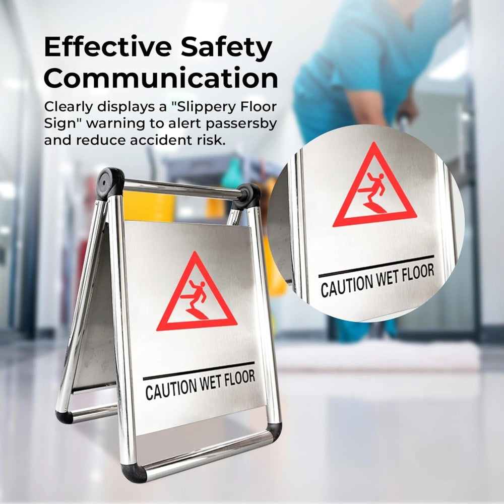 Stainless Steel Caution Wet Floor Sign | Foldable A-Frame Safety Sign