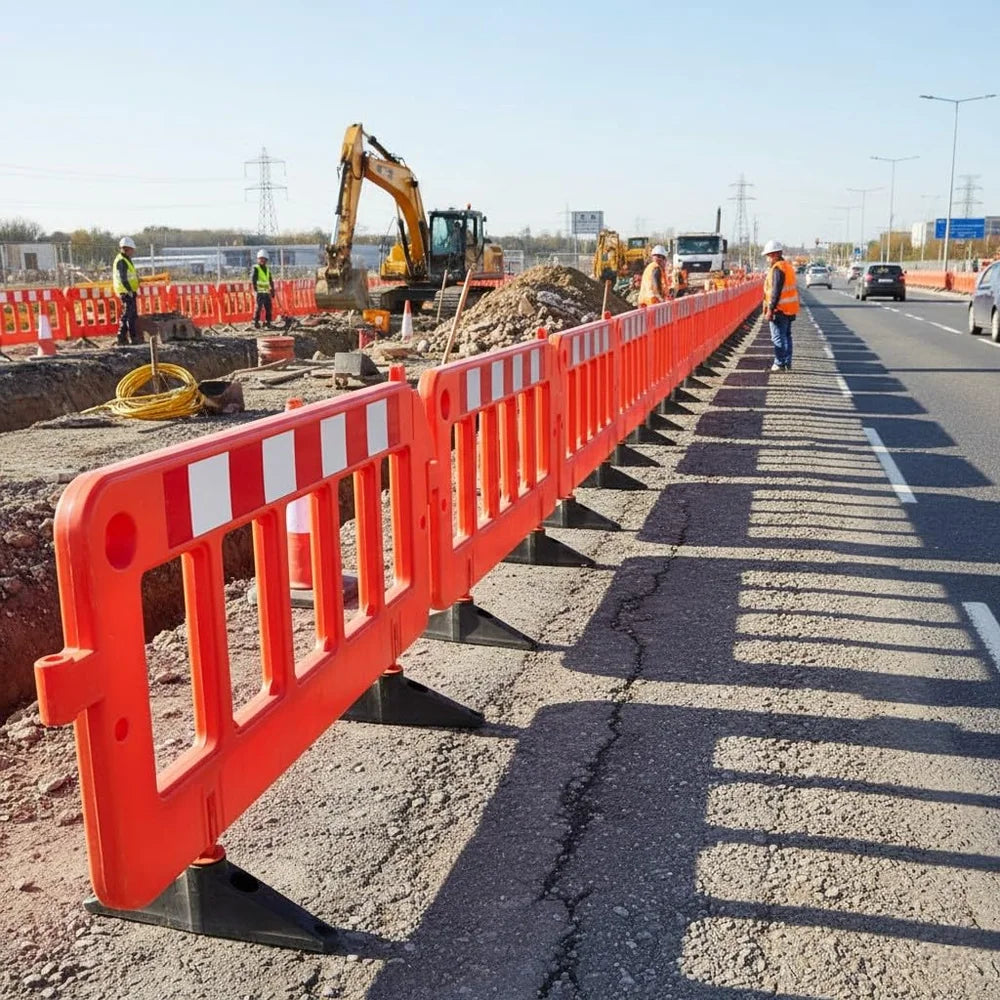 Heavy duty 2m Chapter 8 traffic barrier with red weighted base for outdoor use
