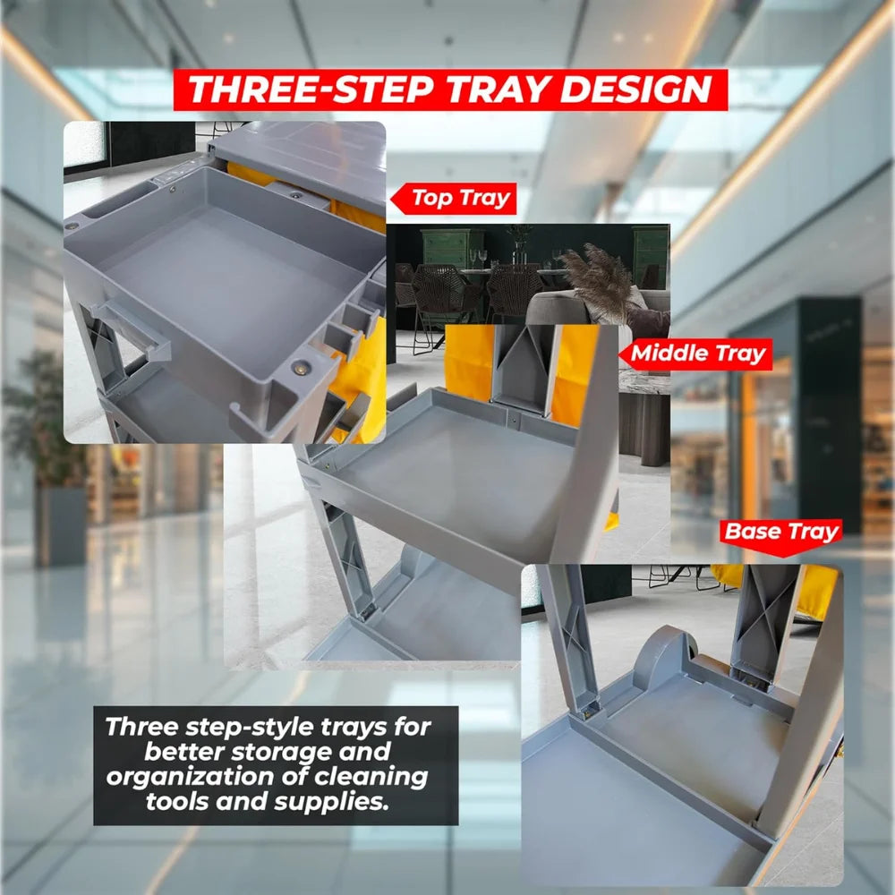 Cleaning Trolley on Wheels | Janitorial Cart with Mop Holders & Trash Bag
